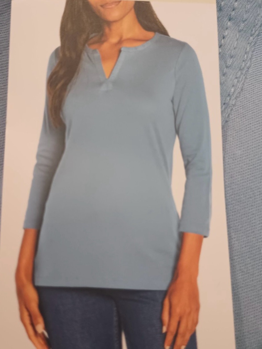 Orvis Women’s Blue 3/4 Sleeve Split Neck Pima  Cotton Top Size Large Comfy Soft